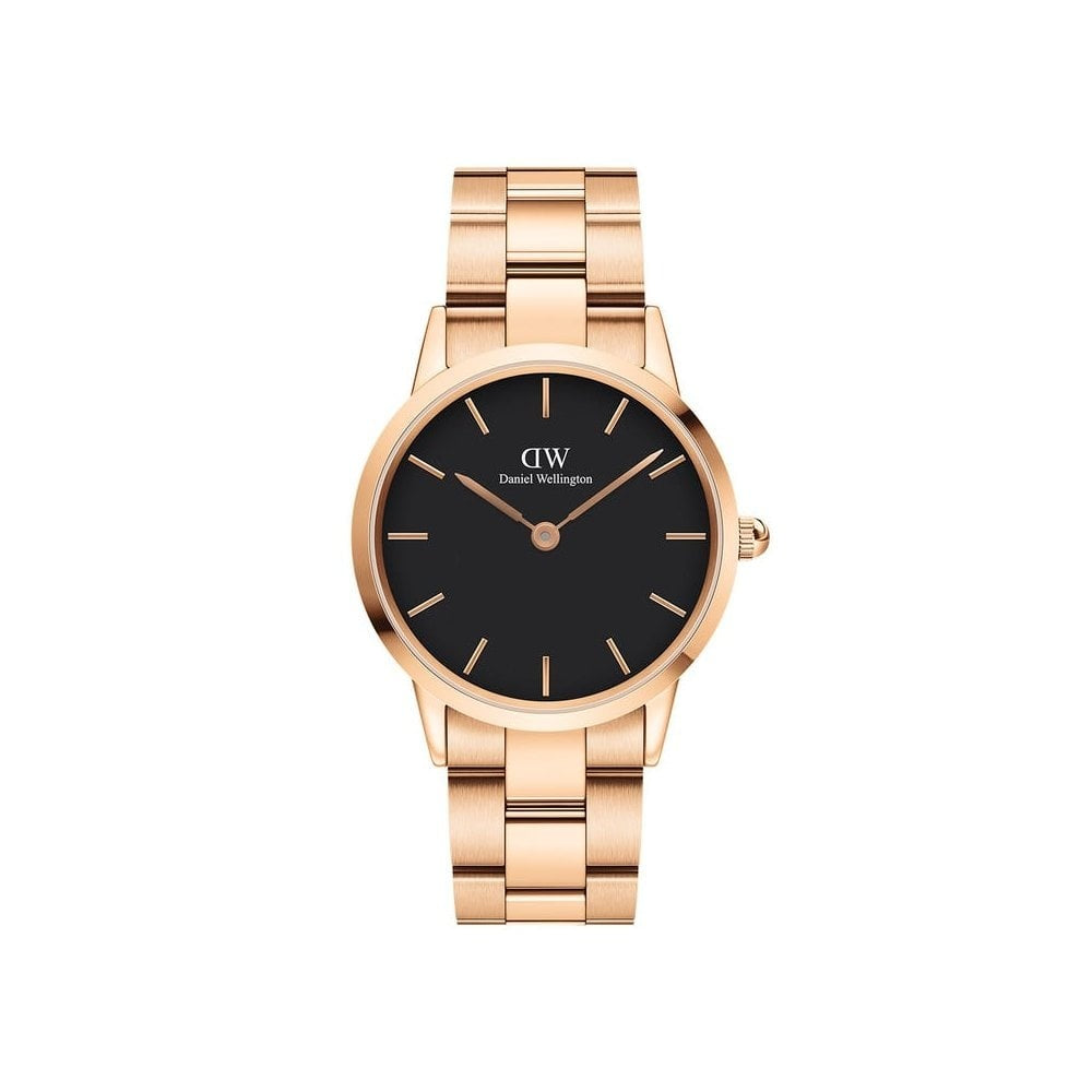 ICONIC LINK ROSE GOLD STAINLESS STEEL LINK BRACELET WATCH WITH BLACK DIAL