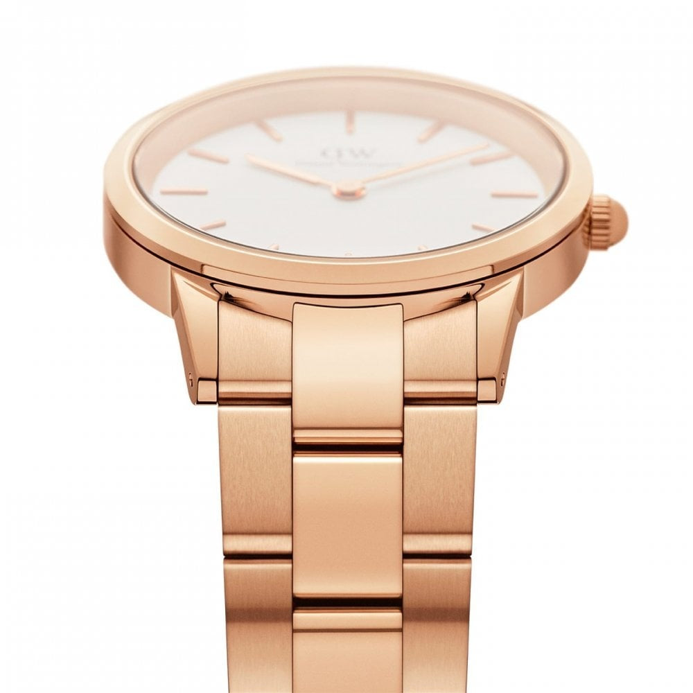 ICONIC LINK ROSE GOLD STAINLESS STEEL LINK BRACELET WHITE WITH BLACK DIAL