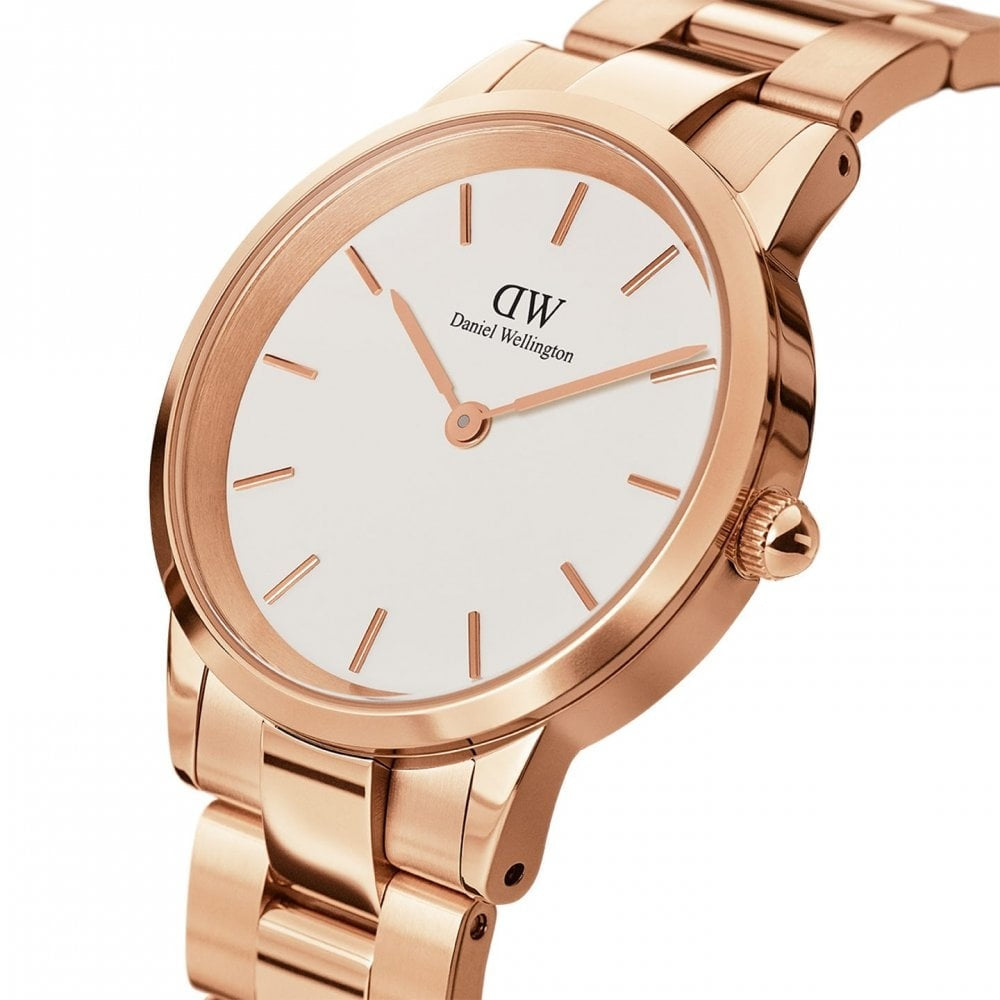 ICONIC LINK ROSE GOLD STAINLESS STEEL LINK BRACELET WHITE WITH BLACK DIAL