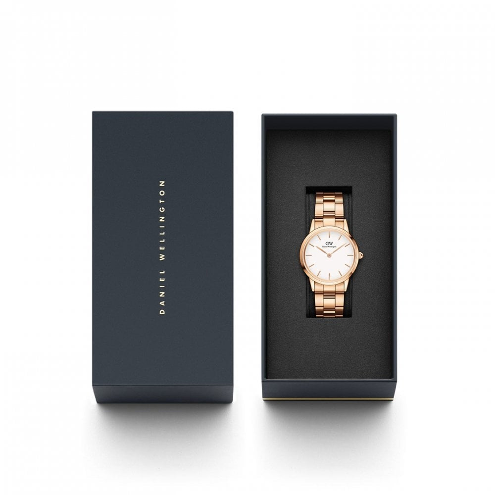 ICONIC LINK ROSE GOLD STAINLESS STEEL LINK BRACELET WHITE WITH BLACK DIAL