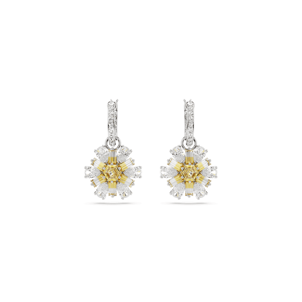 IDYLLIA RHODIUM FINISHED DROP FLOWER EARRINGS WITH YELLOW CENTER