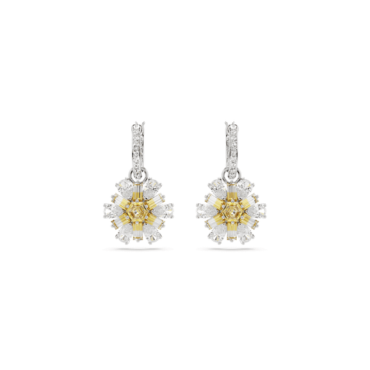 IDYLLIA RHODIUM FINISHED DROP FLOWER EARRINGS WITH YELLOW CENTER