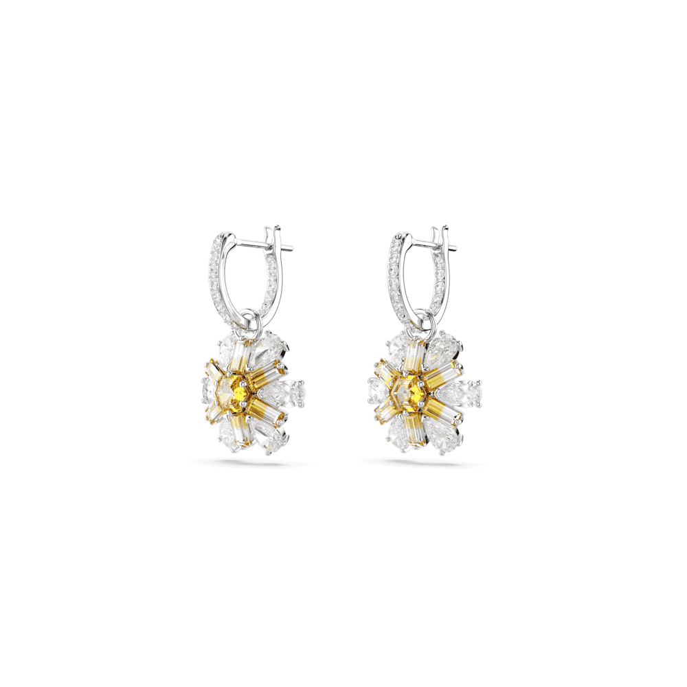 IDYLLIA RHODIUM FINISHED DROP FLOWER EARRINGS WITH YELLOW CENTER