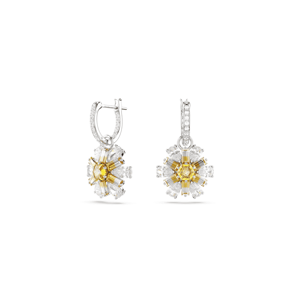 IDYLLIA RHODIUM FINISHED DROP FLOWER EARRINGS WITH YELLOW CENTER