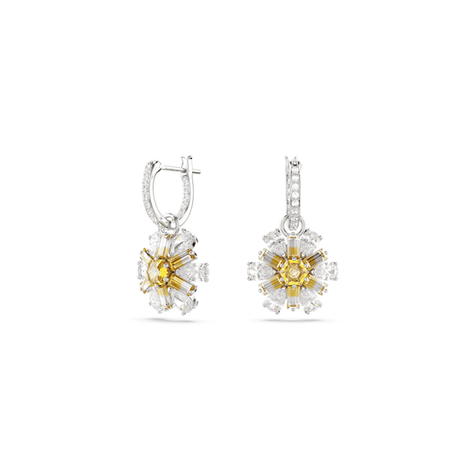 IDYLLIA RHODIUM FINISHED DROP FLOWER EARRINGS WITH YELLOW CENTER
