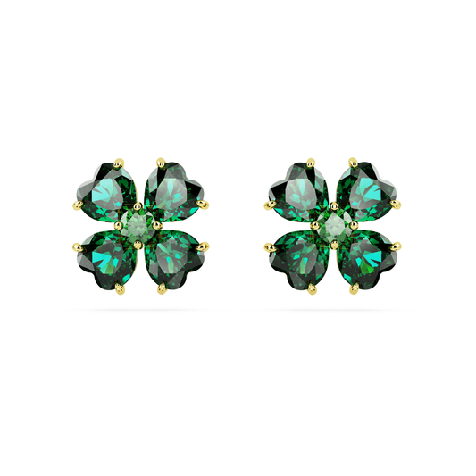 Idyllia stud earrings Clover, Green, Gold-tone plated