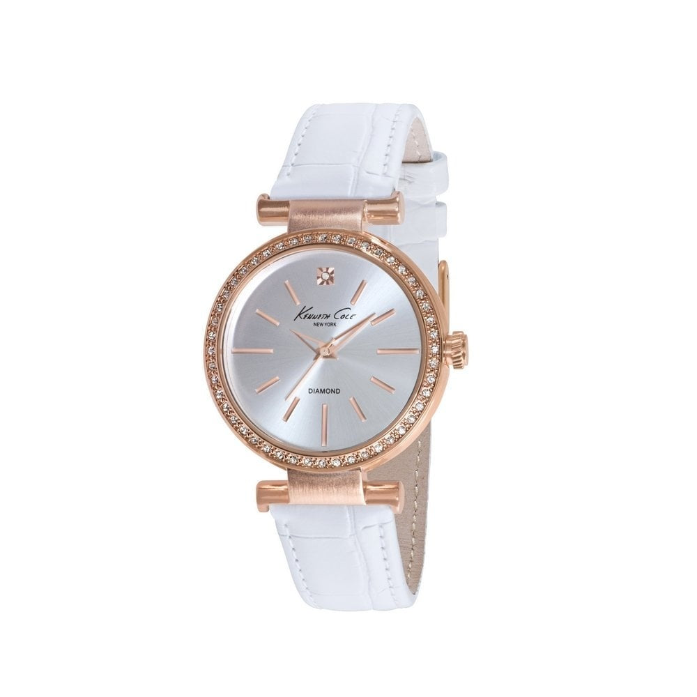 KENNETH COLE LADIES ROSE GOLD STAINLESS STEEL T-BAR STYLE WATCH WITH WHITE LEATHER STRAP