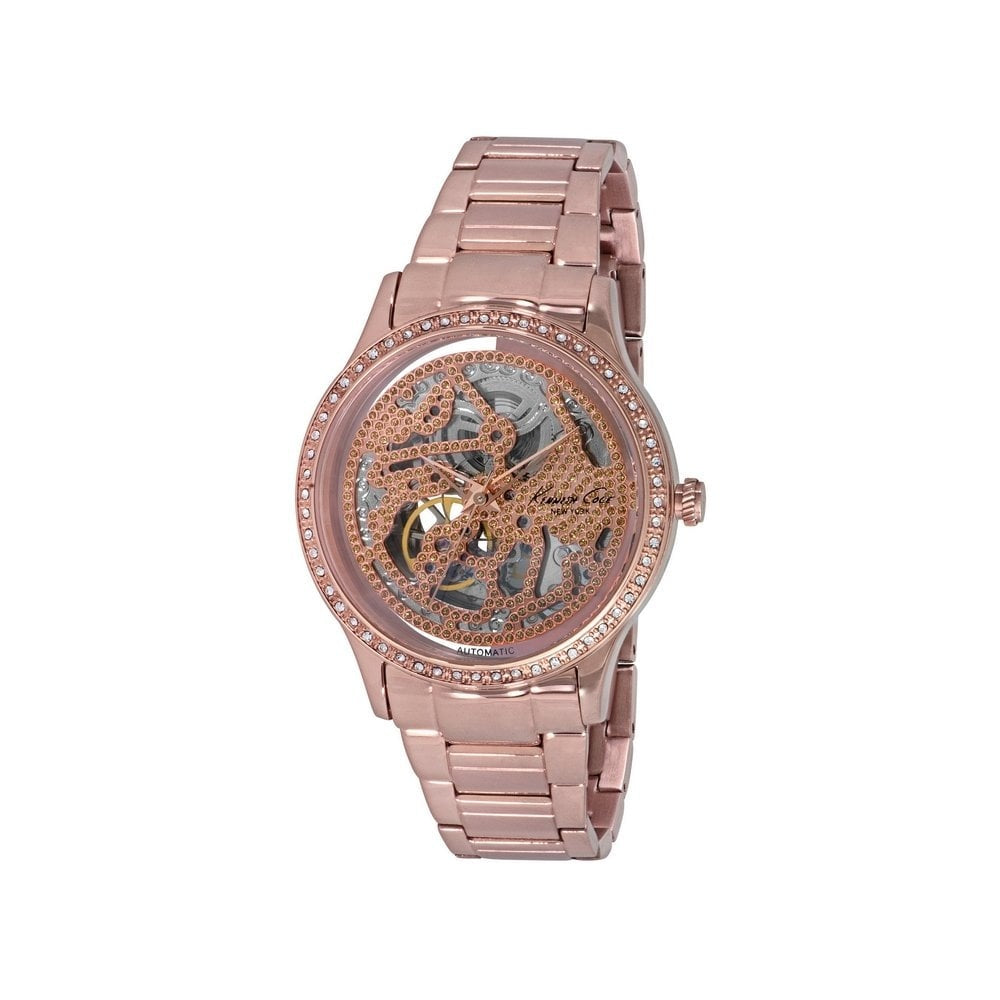 KENNETH COLE ROSE GOLD STAINLESS STEEL LADIES BRACELET WATCH WITH SEE THROUGH MOVEMENT