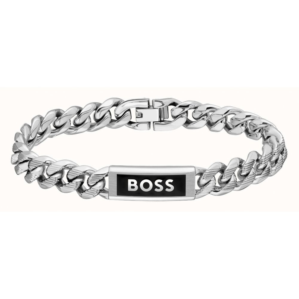 Kassy, Gents Stainless Steel Curb Link & Black Enamel Bracelet