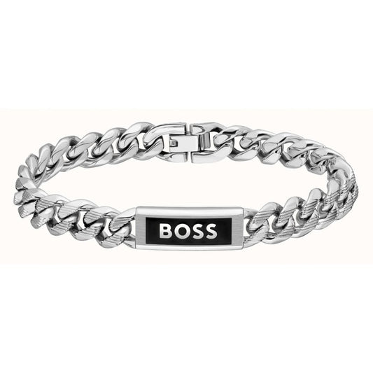 Kassy, Gents Stainless Steel Curb Link & Black Enamel Bracelet