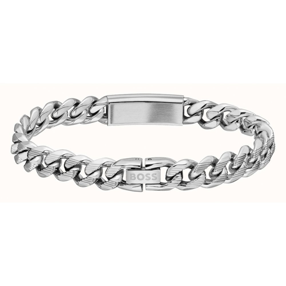 Kassy, Gents Stainless Steel Curb Link & Black Enamel Bracelet