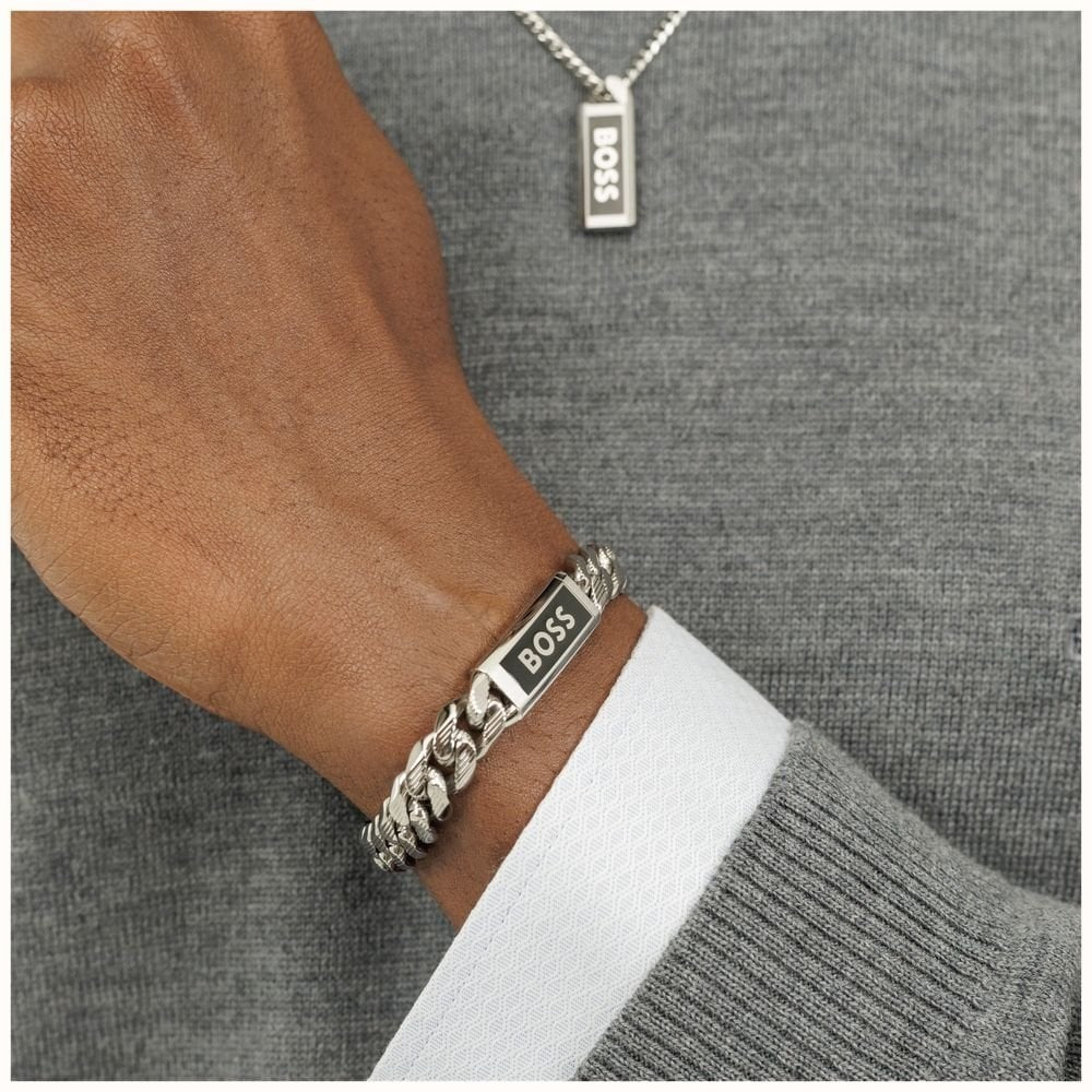 Kassy, Gents Stainless Steel Curb Link & Black Enamel Bracelet