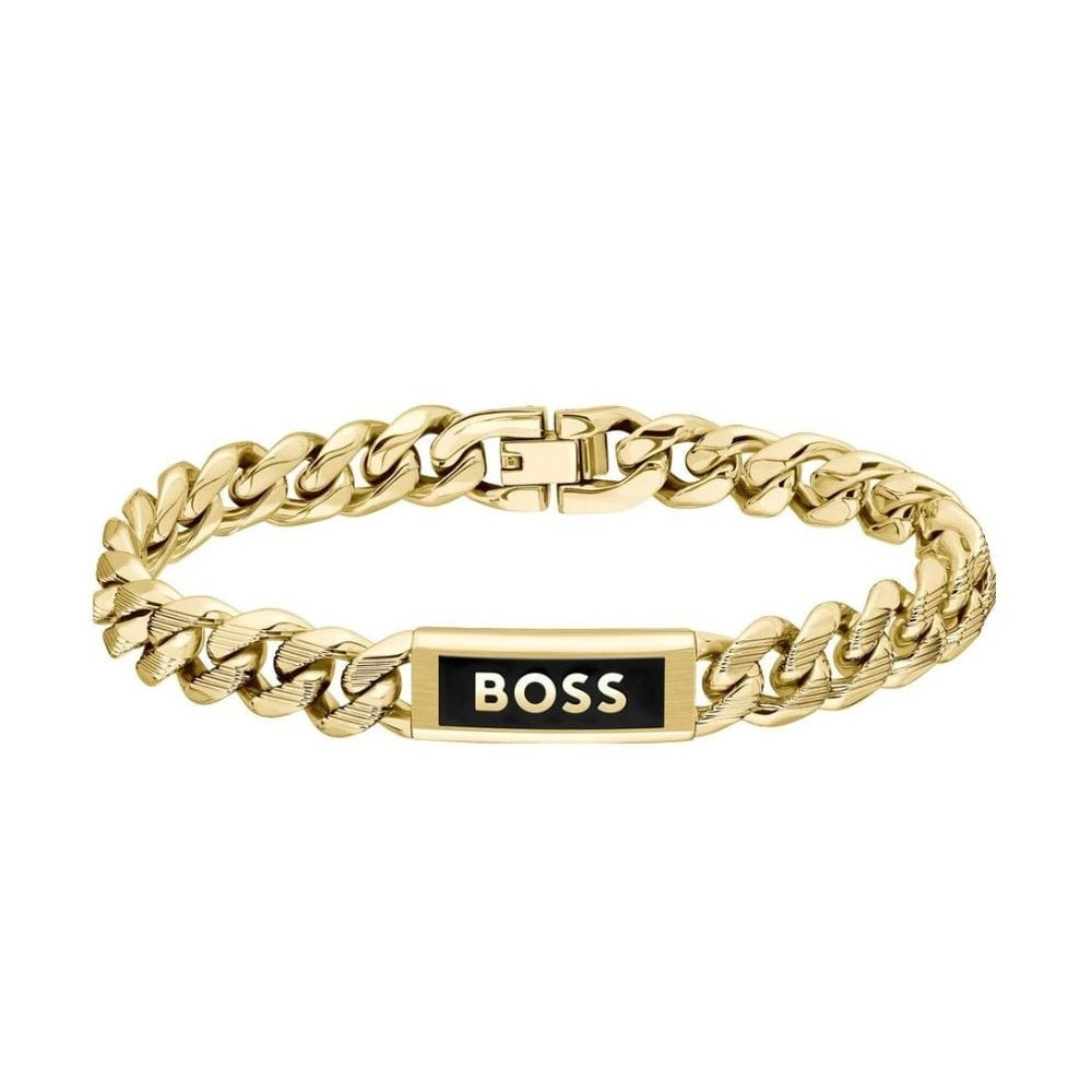 Kassy, Gold Gents Stainless Steel Curb Link & Black Enamel Bracelet