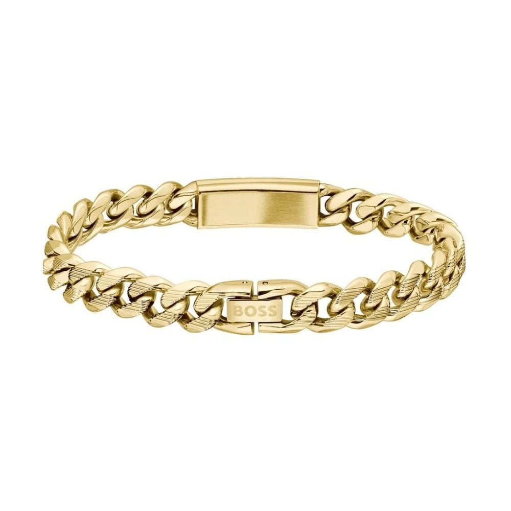 Kassy, Gold Gents Stainless Steel Curb Link & Black Enamel Bracelet