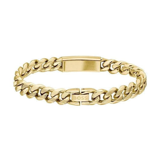 Kassy, Gold Gents Stainless Steel Curb Link & Black Enamel Bracelet