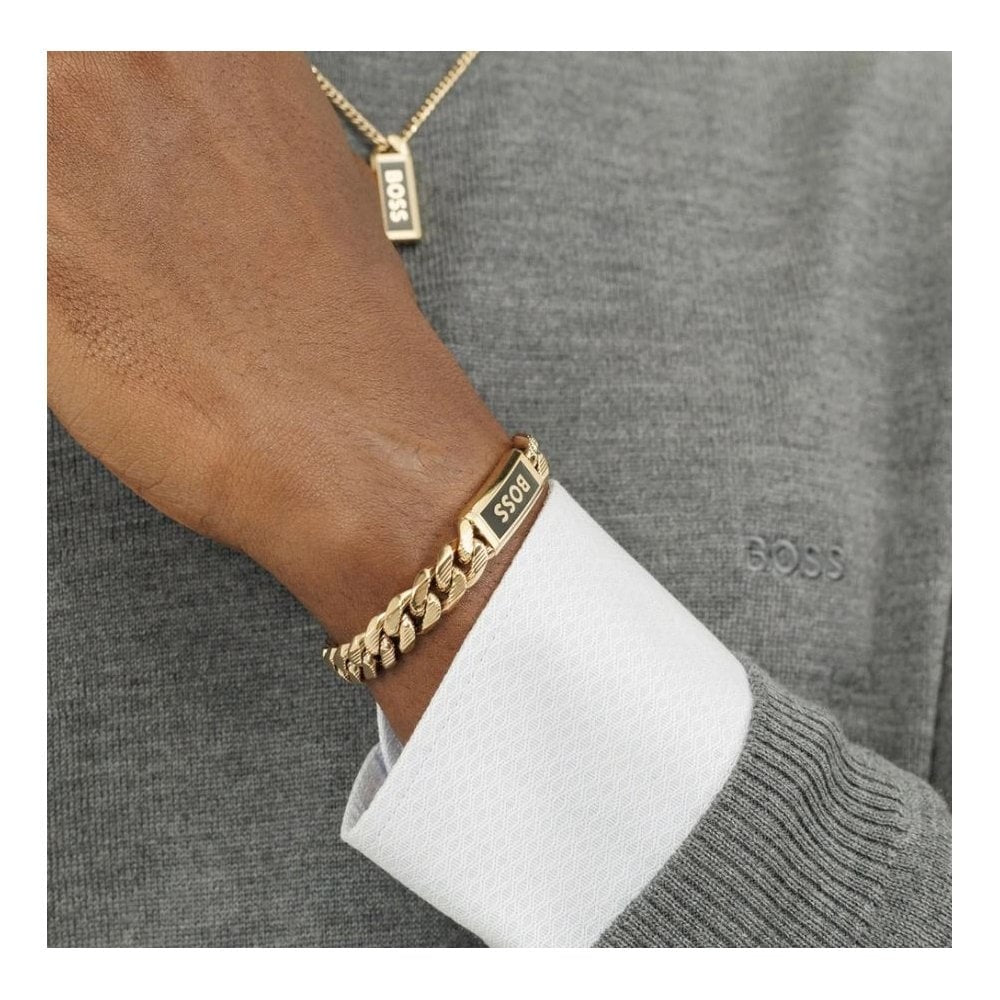 Kassy, Gold Gents Stainless Steel Curb Link & Black Enamel Bracelet