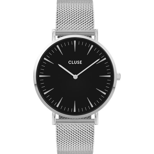 LA BOHEME LADIES STAINLESS STEEL MESH BRACELET WATCH WITH ROUND BLACK DIAL