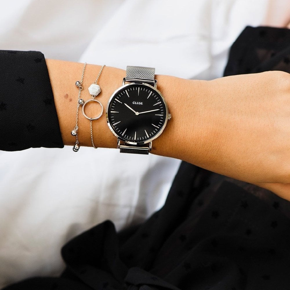 LA BOHEME LADIES STAINLESS STEEL MESH BRACELET WATCH WITH ROUND BLACK DIAL