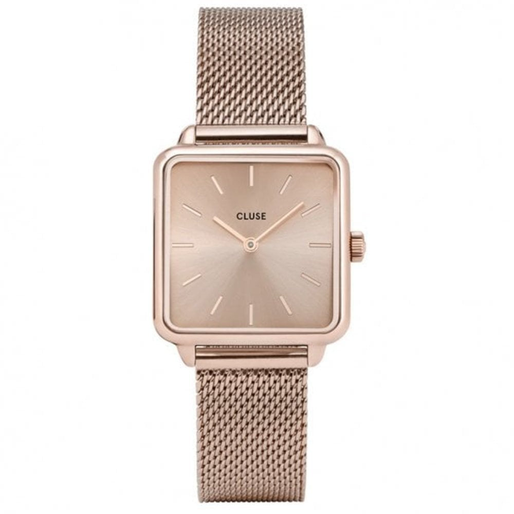 LA TÉTRAGONE ROSE GOLD STAINLESS STEEL MESH BRACELET LADIES WATCH WITH SQUARE ROSE COLOURED DIAL