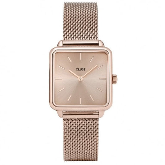 LA TÉTRAGONE ROSE GOLD STAINLESS STEEL MESH BRACELET LADIES WATCH WITH SQUARE ROSE COLOURED DIAL