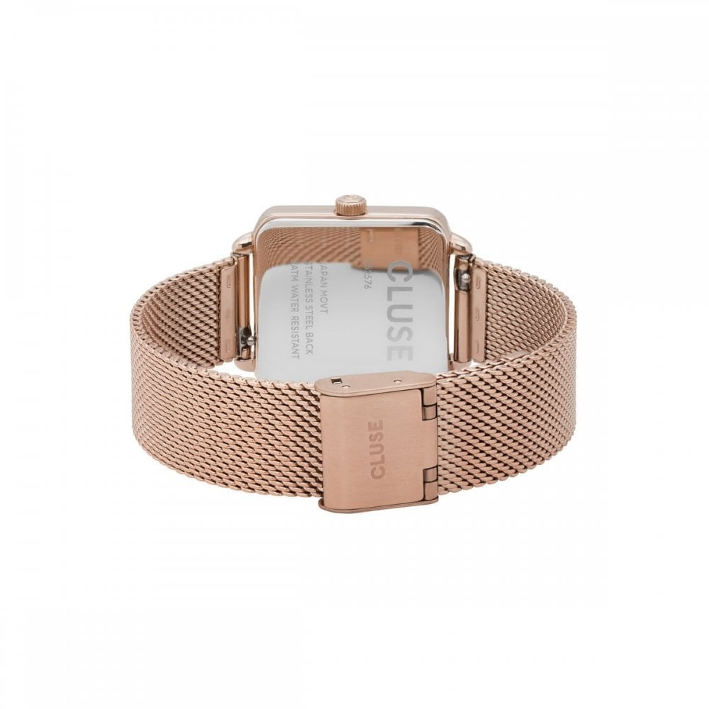 LA TÉTRAGONE ROSE GOLD STAINLESS STEEL MESH BRACELET LADIES WATCH WITH SQUARE ROSE COLOURED DIAL