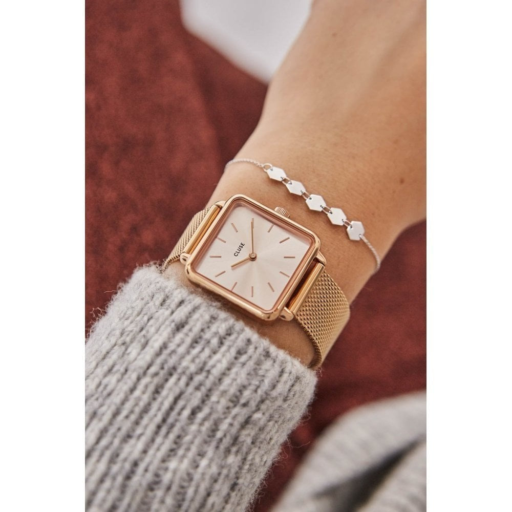 LA TÉTRAGONE ROSE GOLD STAINLESS STEEL MESH BRACELET LADIES WATCH WITH SQUARE ROSE COLOURED DIAL