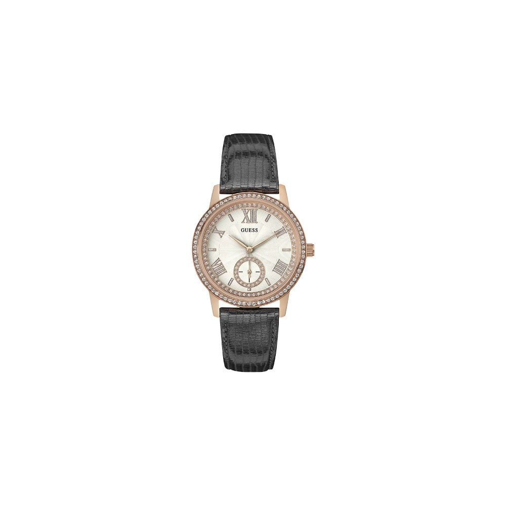 LADIES GUESS GRAMERCY ROSE GOLD WATCH WITH BLACK LEATHER STRAP
