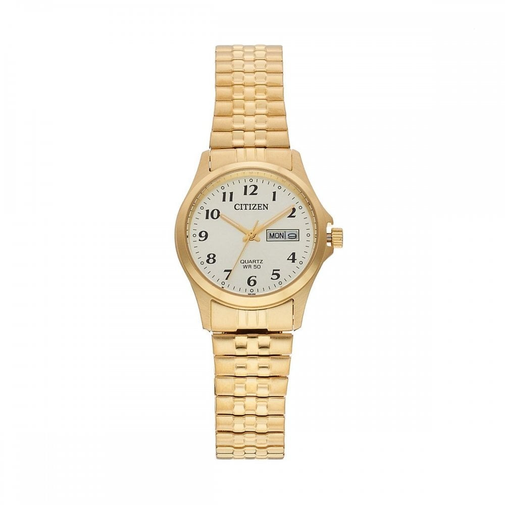 LADIES QUARTZ GOLD-TONE WATCH WITH EXPANDING BRACELET & CHAMPAGNE DIAL