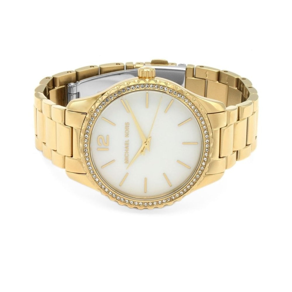 LAYTON GOLD STAINLESS STEEL BRACELET WATCH WITH WHITE DIAL & ZIRCONIA BEZEL