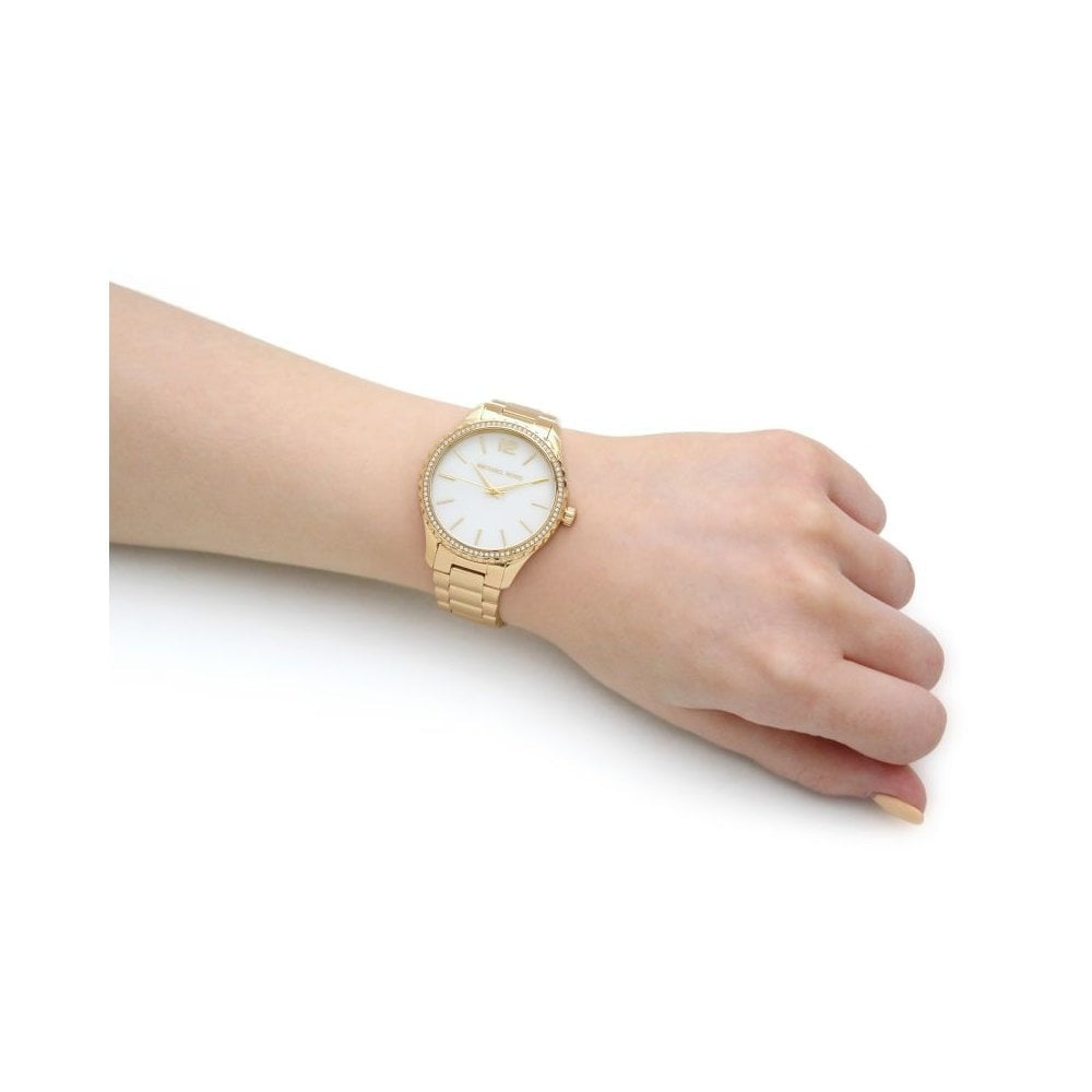 LAYTON GOLD STAINLESS STEEL BRACELET WATCH WITH WHITE DIAL & ZIRCONIA BEZEL