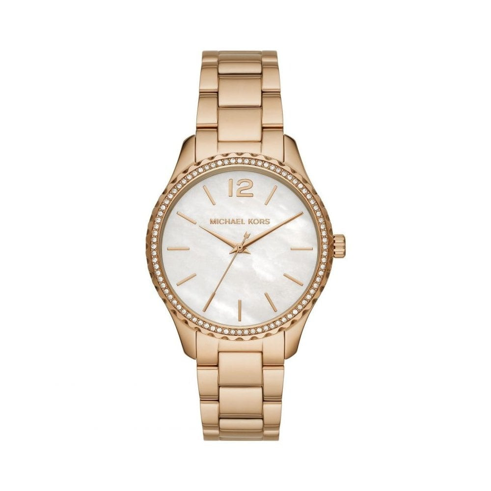 LAYTON GOLD STAINLESS STEEL BRACELET WATCH WITH WHITE DIAL & ZIRCONIA BEZEL