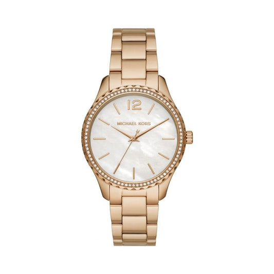 LAYTON GOLD STAINLESS STEEL BRACELET WATCH WITH WHITE DIAL & ZIRCONIA BEZEL
