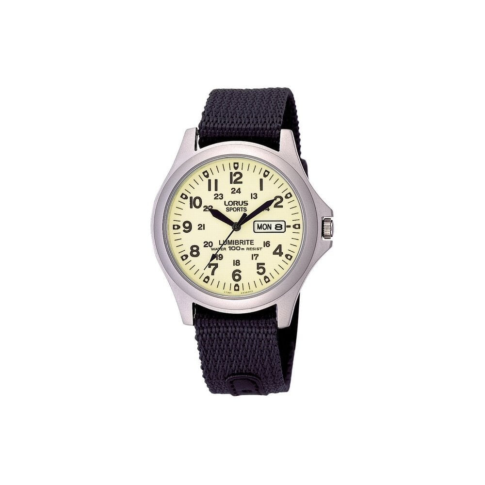 LORUS GENTS ANALOGUE LUMIBRITE DAY-DATE STAINLESS STEEL WATCH WITH BLACK LEATHER STRAP