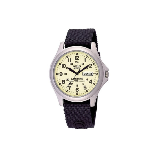 LORUS GENTS ANALOGUE LUMIBRITE DAY-DATE STAINLESS STEEL WATCH WITH BLACK LEATHER STRAP