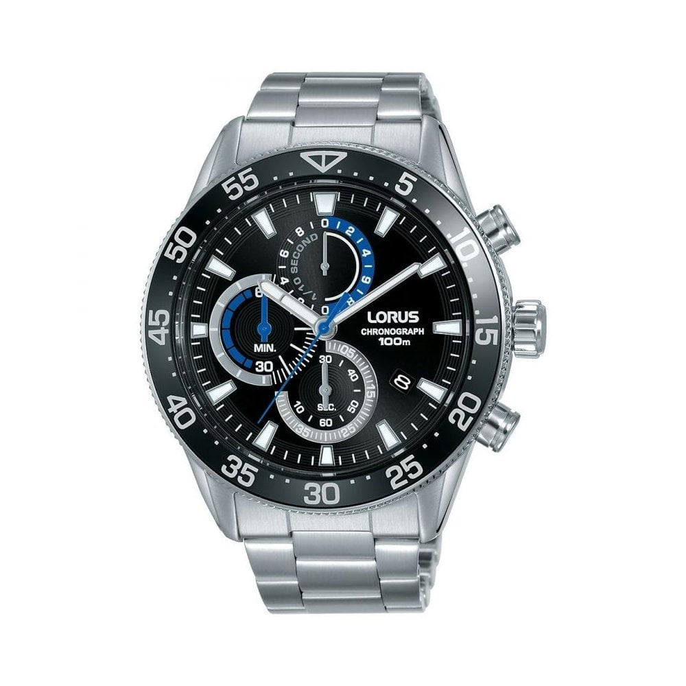 LORUS GENTS STAINLESS STEEL CHRONOGRAPH BRACELET WATCH WITH BLACK DIAL