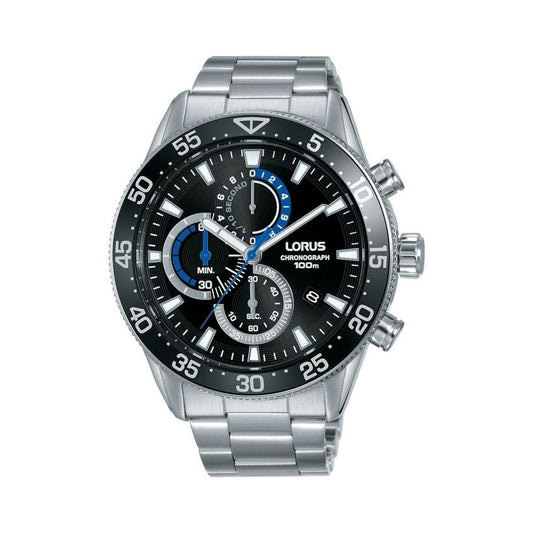 LORUS GENTS STAINLESS STEEL CHRONOGRAPH BRACELET WATCH WITH BLACK DIAL
