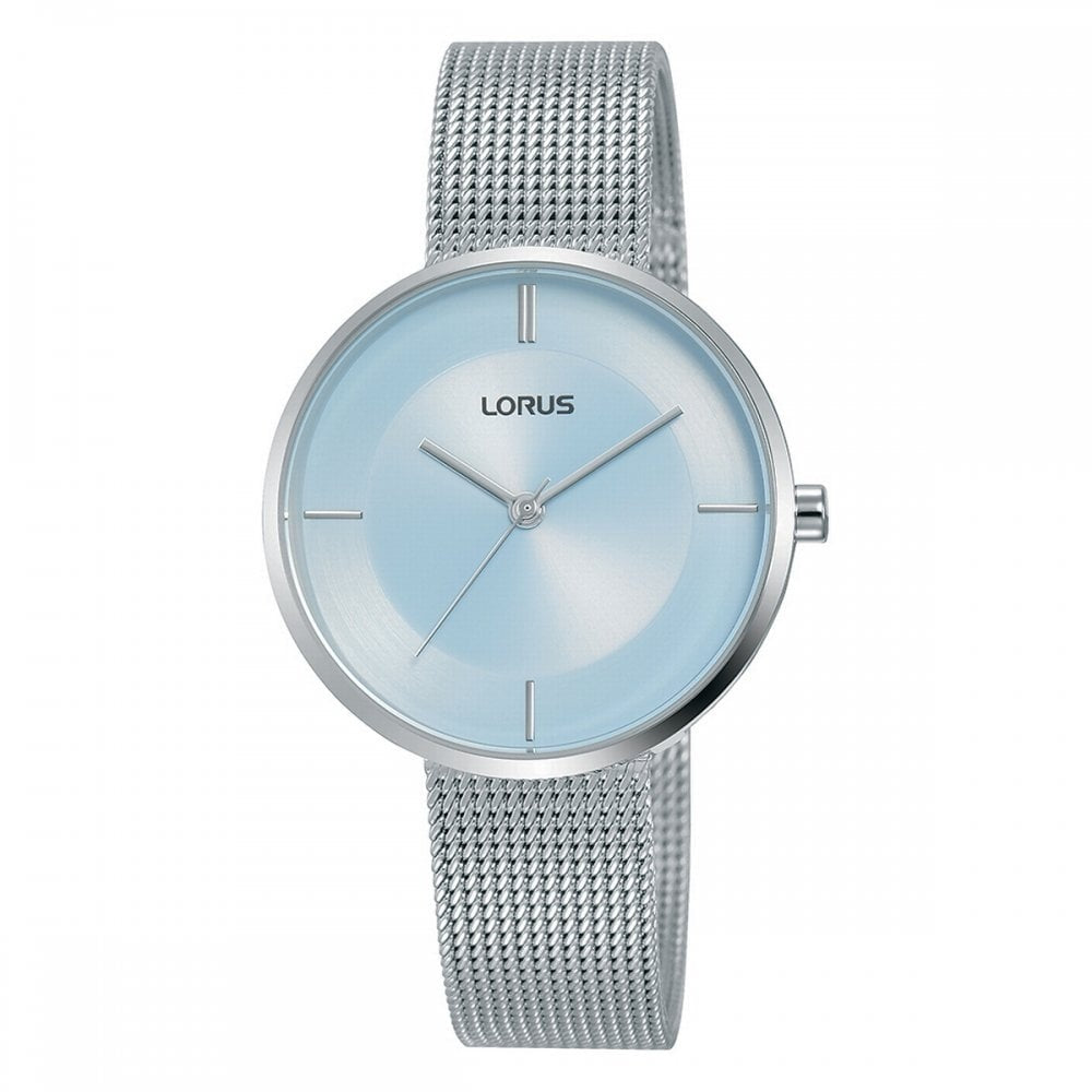 LORUS LADIES STAINLESS STEEL MESH BRACELET WATCH WITH LIGHT BLUE DIAL