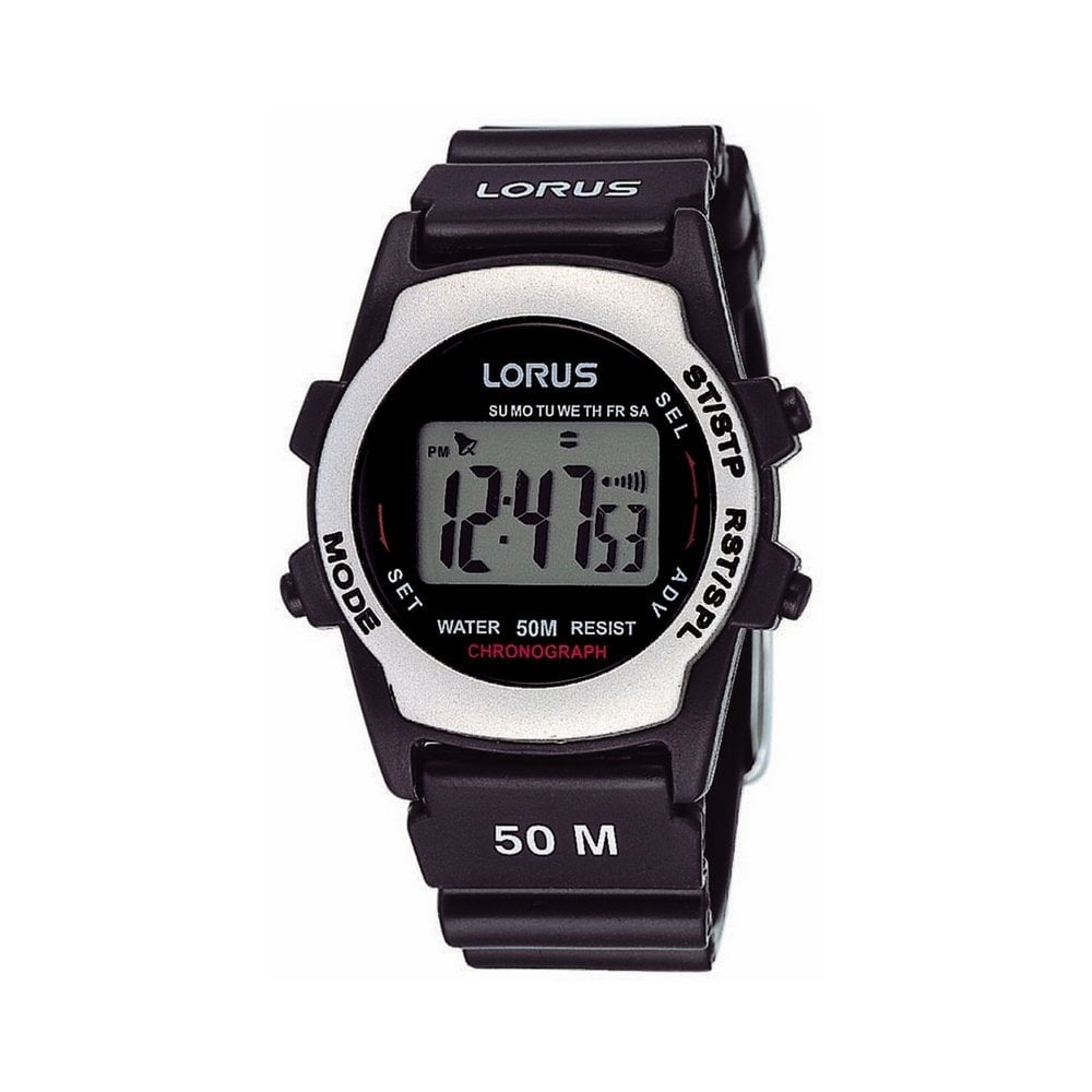 LORUS SMALL DIGITAL WATCH WITH BLACK RUBBER STRAP AND STEEL DETAIL