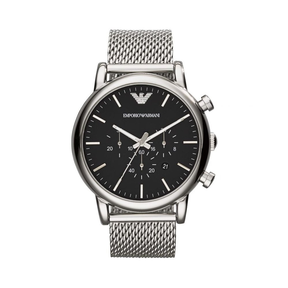 LUIGI GENTS CHRONOGRAPH STAINLESS STEEL MESH BRACELET WATCH WITH BLACK DIAL