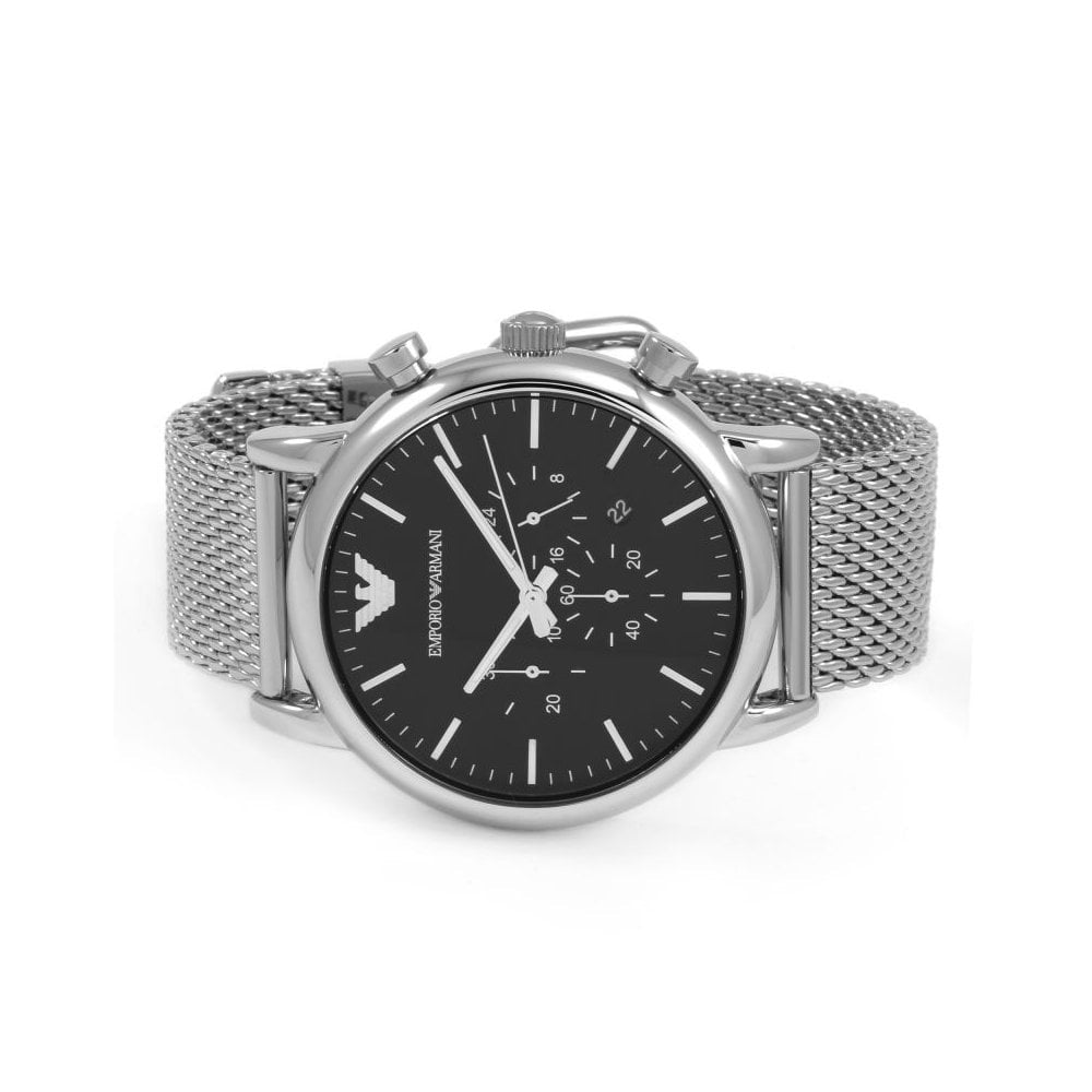 LUIGI GENTS CHRONOGRAPH STAINLESS STEEL MESH BRACELET WATCH WITH BLACK DIAL