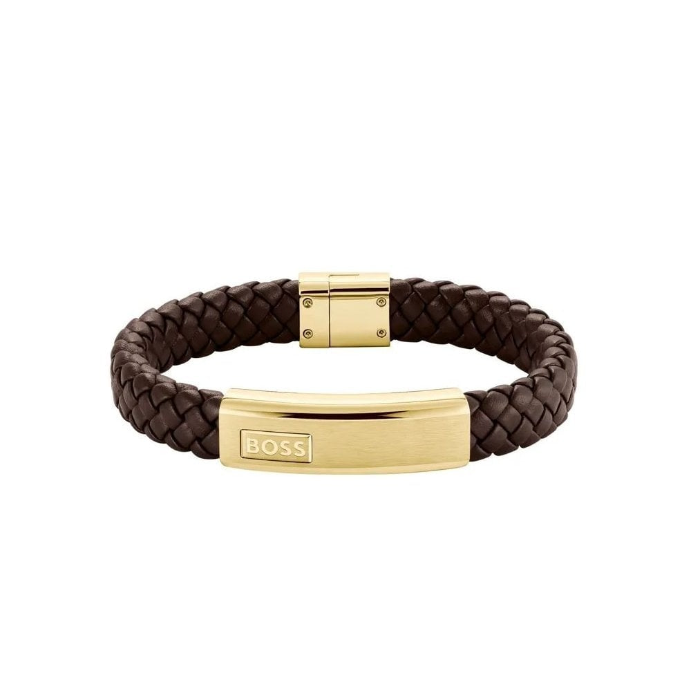 Lander, Gents Brown Leather Bracelet with Gold Clasp