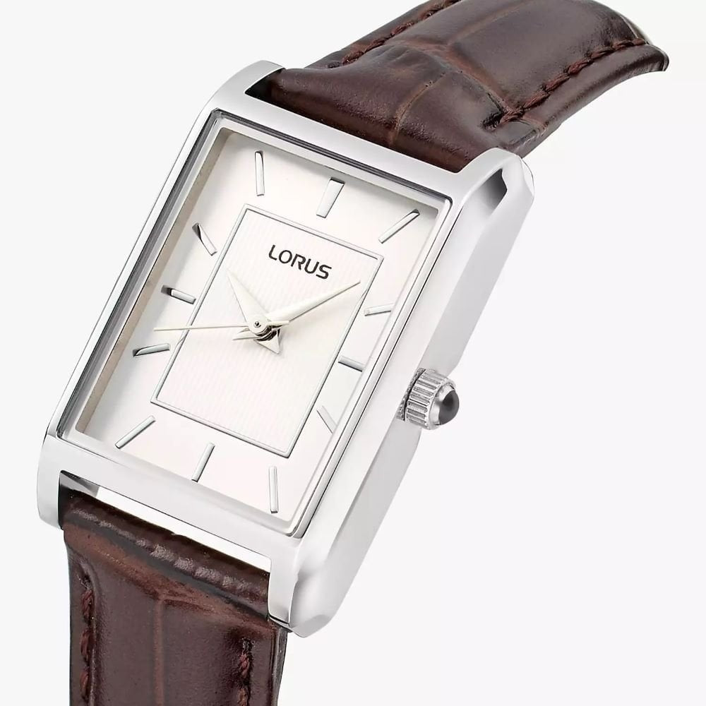 Lorus Ladies Steel Rectangular Case Leather Strap Watch 