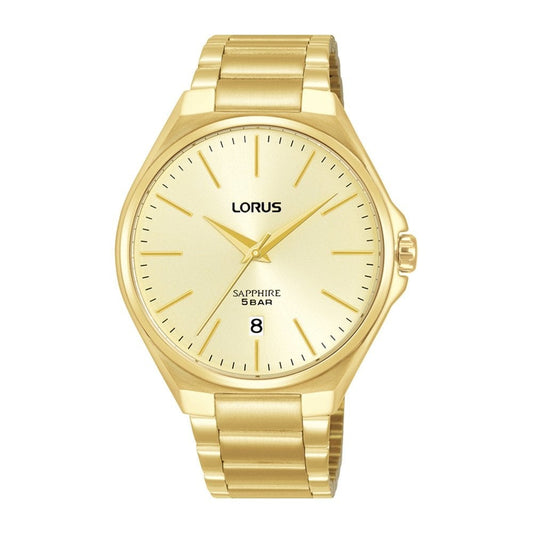 Lorus Mens Gold Steel Sapphire Crystal Glass Watch 