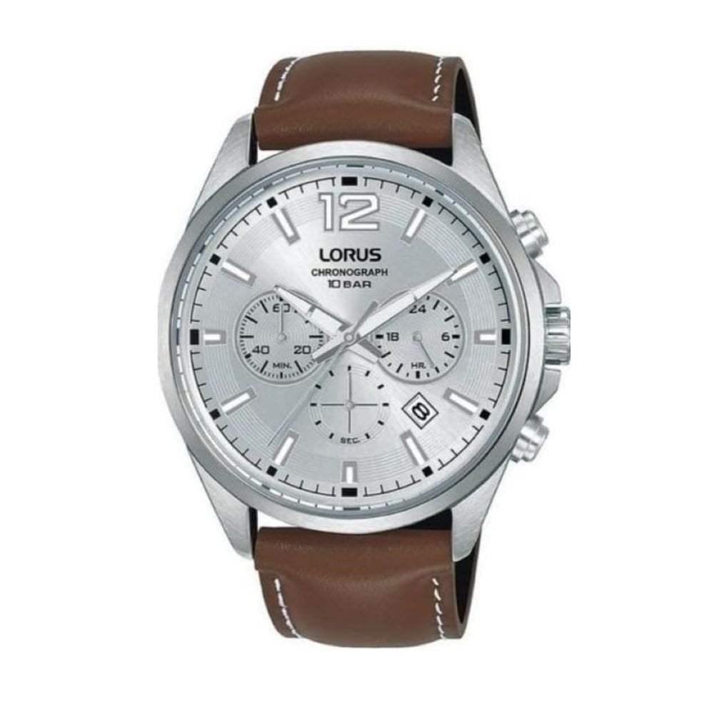 Lorus Mens Steel Brown Leather Strap Watch 