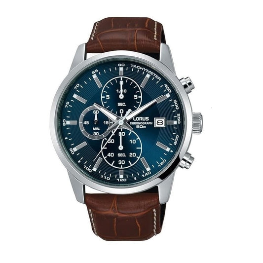 Lorus Mens Steel Case Chronograph Leather Strap Watch 