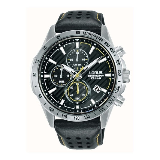 Lorus Sports Quartz Chronograph Black Sunray Dial Leather Watch