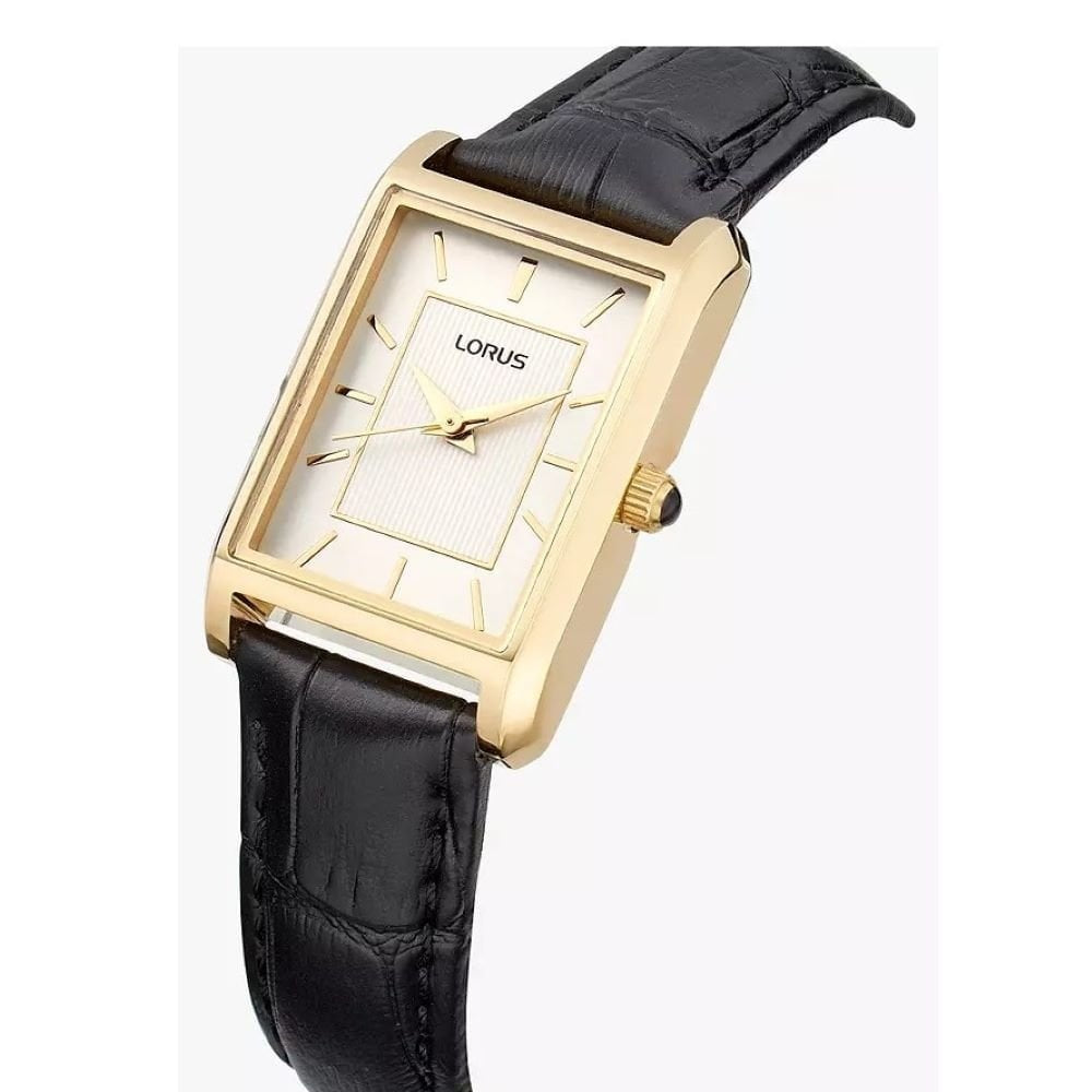 Lorus Womens Gold Case Black Leather Strap Watch 