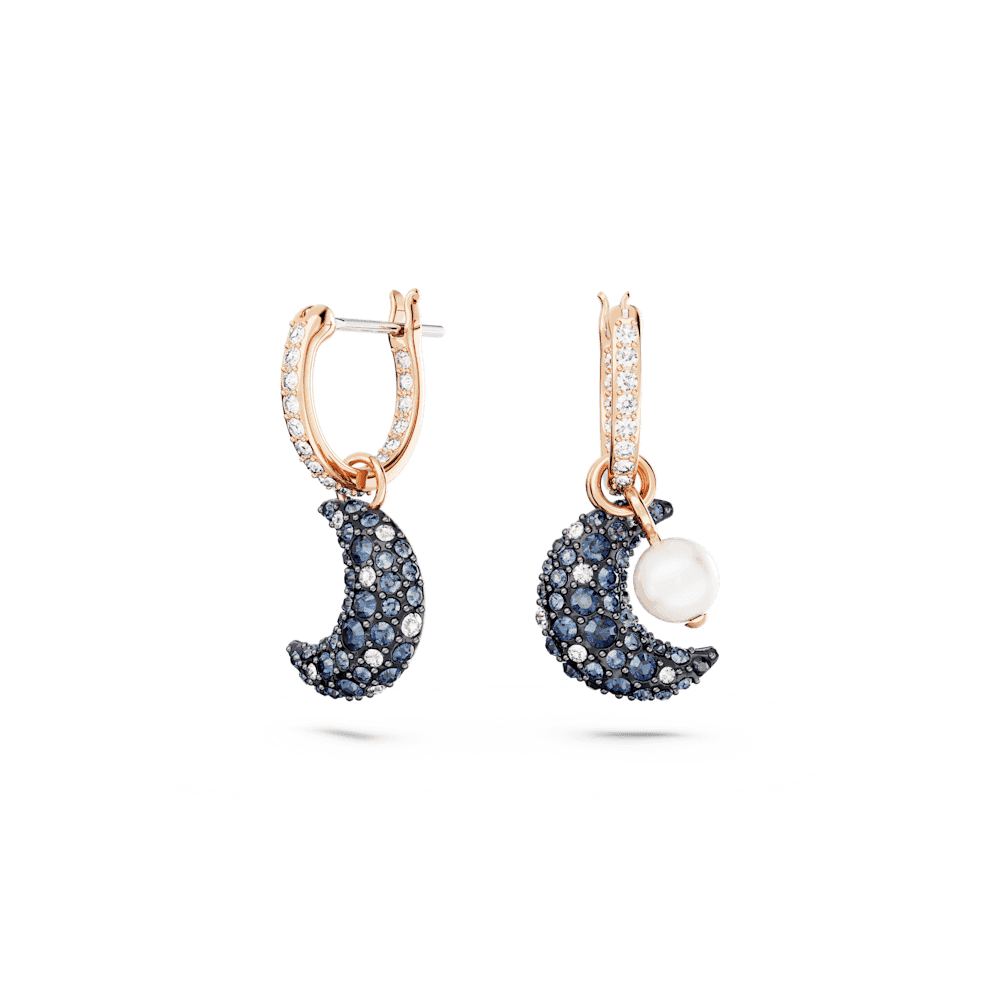 Luna drop earrings Asymmetrical design, Moon, Multicoloured, Rose gold-tone plated