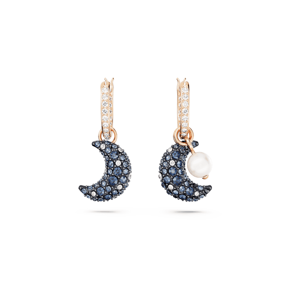 Luna drop earrings Asymmetrical design, Moon, Multicoloured, Rose gold-tone plated