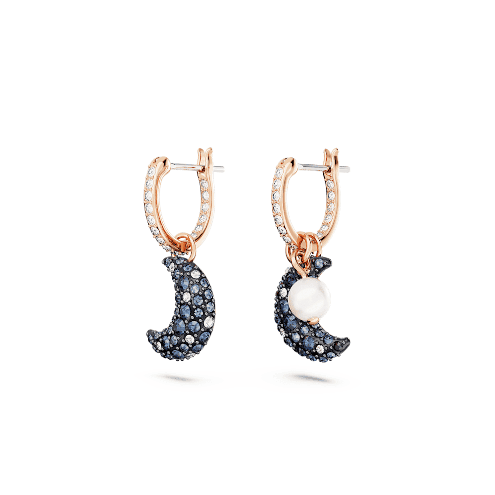 Luna drop earrings Asymmetrical design, Moon, Multicoloured, Rose gold-tone plated